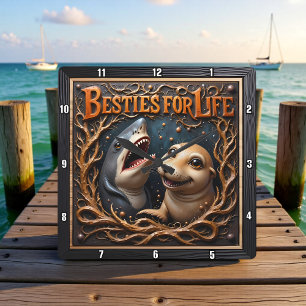Shark Seal Marine Friendship Square Wall Clock