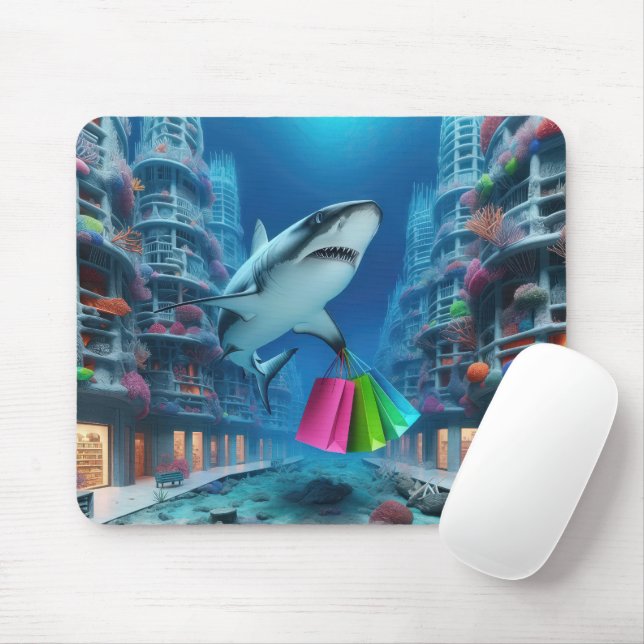 Shark Shopping in an Underwater Downtown  Mouse Pad (With Mouse)
