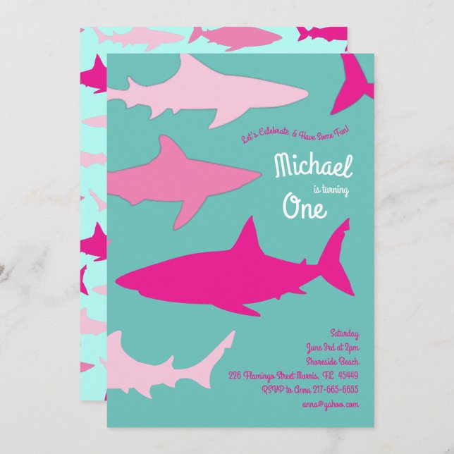 Shark Silhouette Cute Kids 1st Birthday Party Pink Invitation (Front/Back)