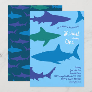 Shark Silhouettes Cute Kids 1st Birthday Party Invitation