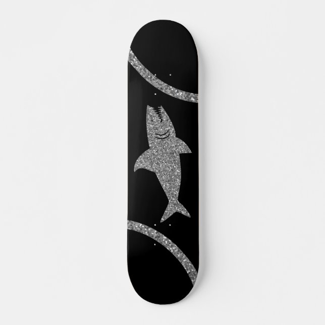 Shark Silver Glitter Black Skateboard (Front)