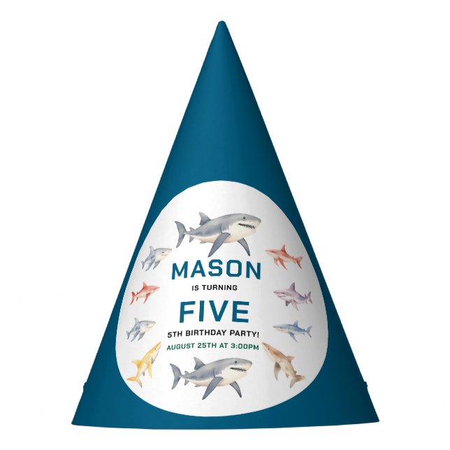 Shark Splash 5th Birthday Party | Cute Ocean Kids Party Hat (Front)