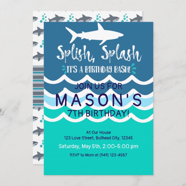 Shark Splash Party Swim Invitation Boys Summer (Front/Back)