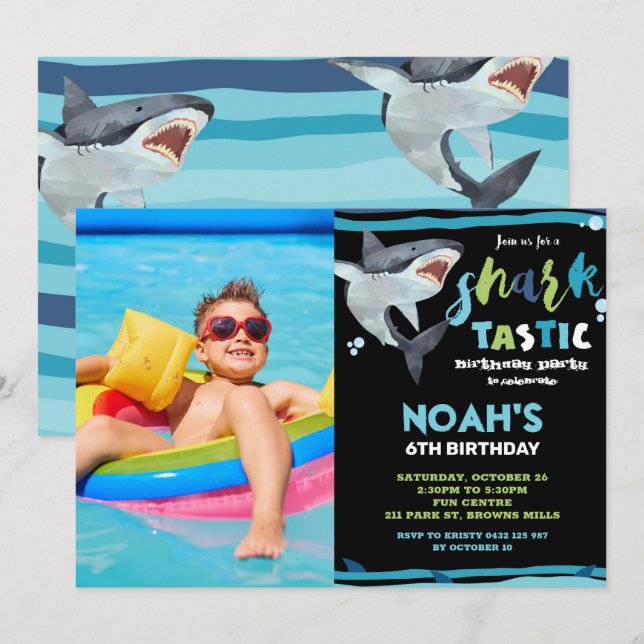 Shark-Tastic Birthday Party Shark Boys Pool Photo Invitation (Front/Back)