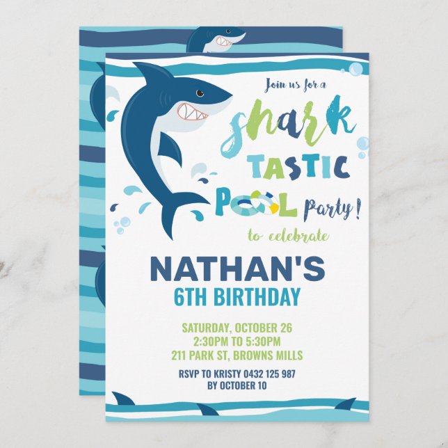 Shark-Tastic Pool Birthday Party Shark Boy Invitation (Front/Back)