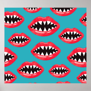 Shark Teeth Red Lips Pattern Poster