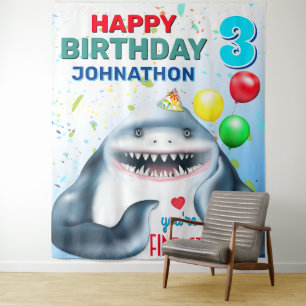 Shark Theme Fintastic Kids Birthday Party Backdrop Tapestry