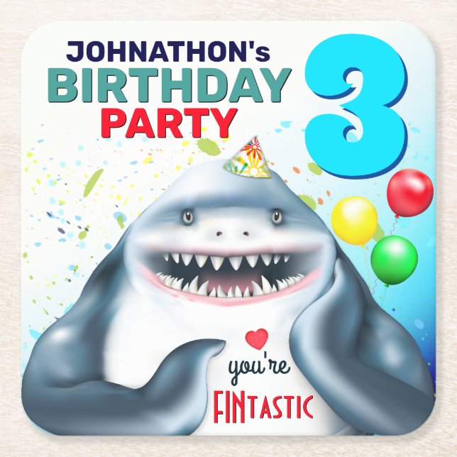 Shark Theme Fintastic Kids Birthday Square Paper Coaster (Front)