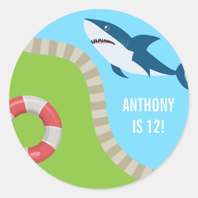 Shark themed Summer Pool Birthday Party Classic Round Sticker (Front)