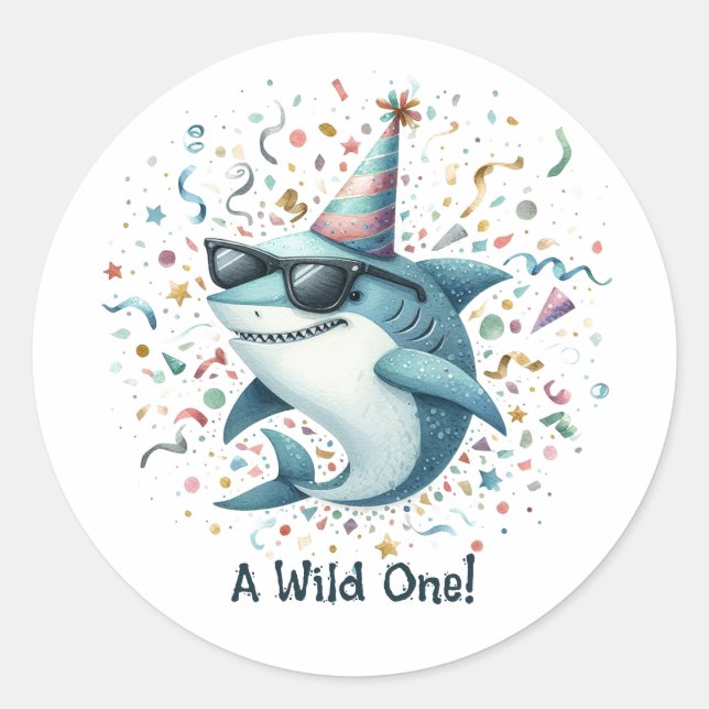 Shark Themed "Wild One" Birthday Party  Classic Round Sticker (Front)