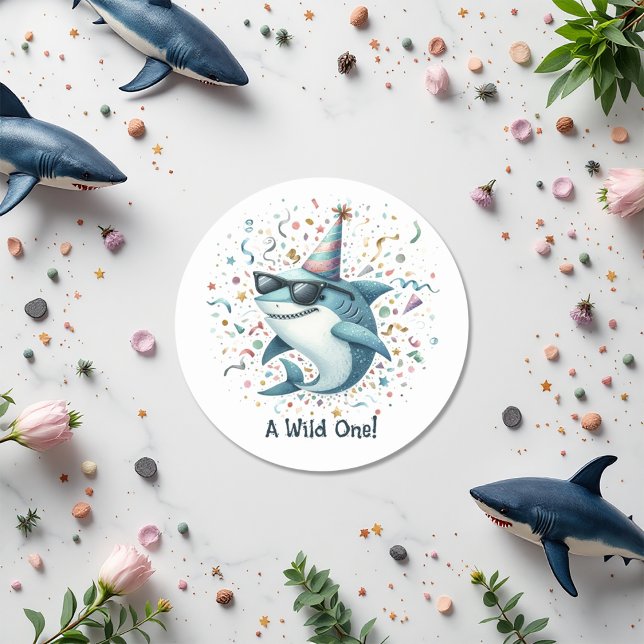 Shark Themed "Wild One" Birthday Party  Classic Round Sticker (Shark Themed "Wild One" Birthday Party Classic Round Sticker)