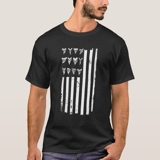 Shark Tooth Hunting American Flag For Fossil Hunte T-Shirt (Front)