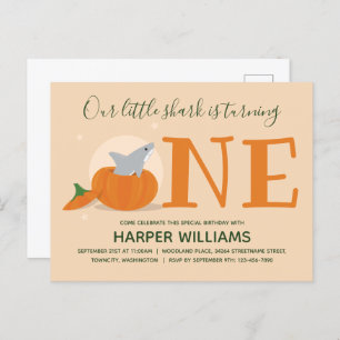 Shark Turning One Pumpkin First Birthday Invitation Postcard