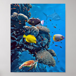 Shark, Turtle and Fish In Sea Life Poster