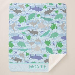 Shark Turtle Manatee Shark Whale Ocean Life Sherpa Blanket