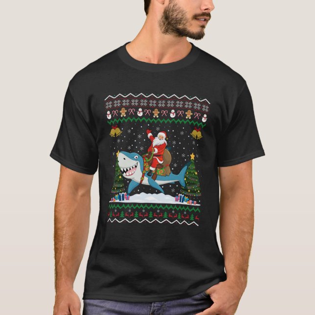 Shark Ugly Xmas Gift Santa Riding Shark Christmas  T-Shirt (Front)