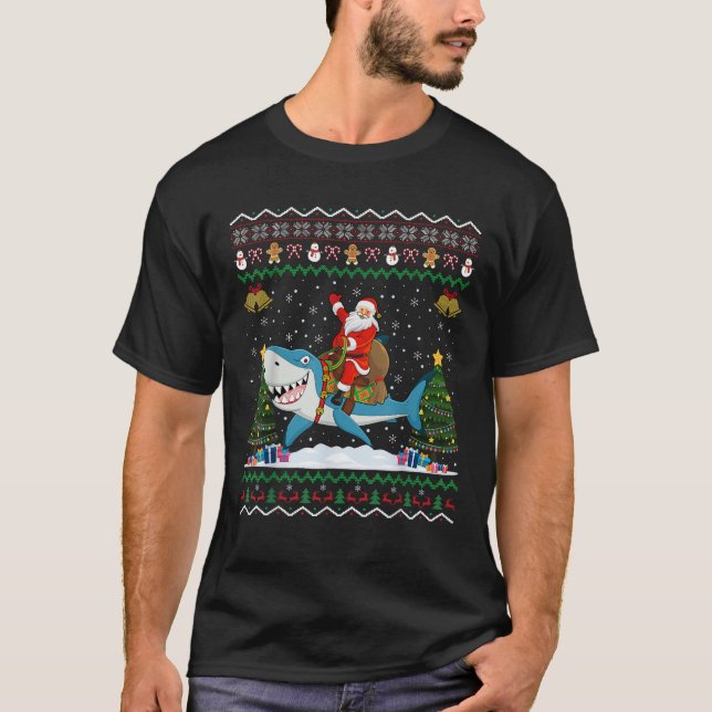 Shark Ugly Xmas Gift Santa Riding Shark Christmas  T-Shirt (Front)
