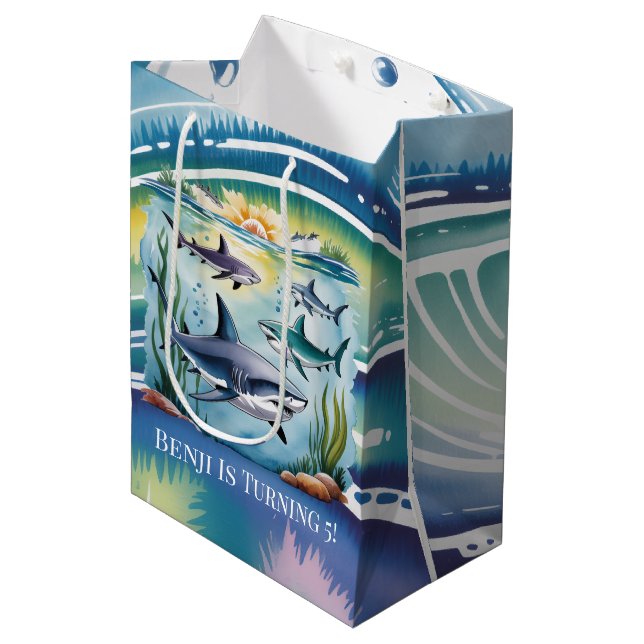 Shark Under The Sea Boy Birthday Medium Gift Bag (Front Angled)