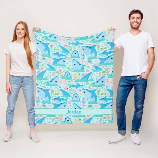 Shark Under The Sea Cute Personalised Pattern Fleece Blanket (In Situ)