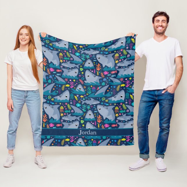 Shark Under The Sea Cute Personalised Pattern Fleece Blanket (In Situ)