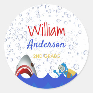 Shark under the sea name bookplate classic round sticker