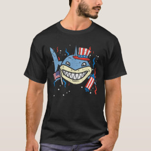 Shark US Flag Hat Firecracker Cute 4th Of July Pat T-Shirt