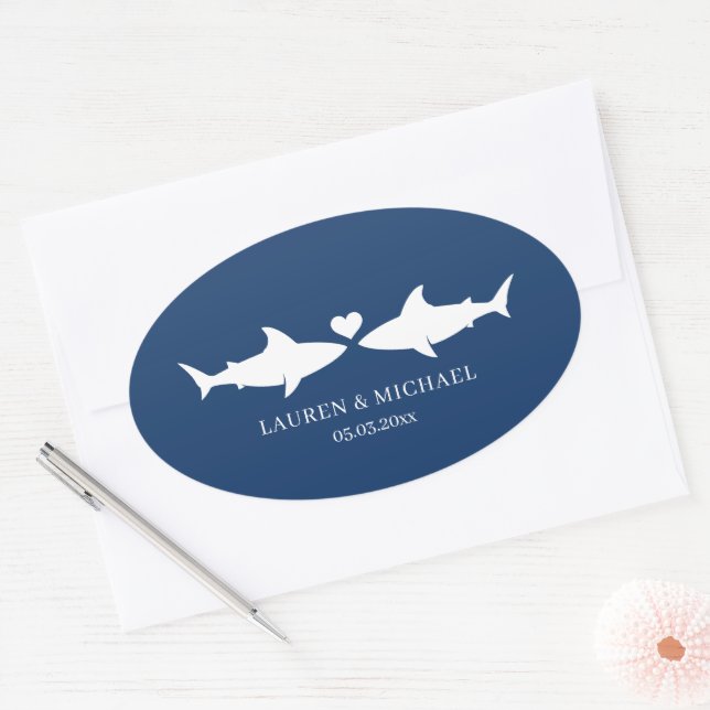 Shark Wedding With Names Oval Sticker (Envelope)