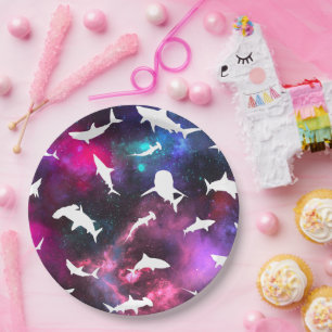Shark white shadow on Dark galaxy Space Paper Plate