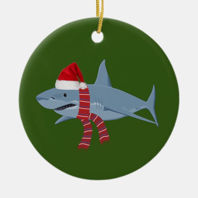 Shark With Hat Scaft Christmas Ceramic Ornament (Front)