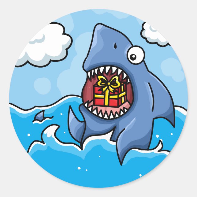 Shark with Present Classic Round Sticker (Front)