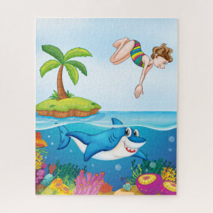 Shark & Woman Diver Puzzle, 16" x 20", 520 pieces Jigsaw Puzzle