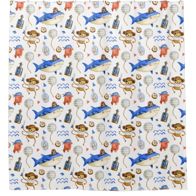 Sharks and Monkey Pirates Shower Curtain (Front)