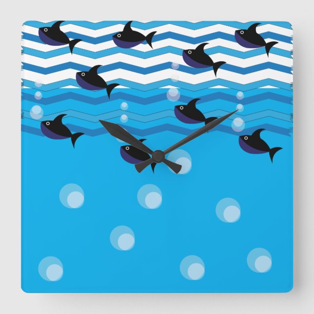 Sharks Blue Ocean Fish Kids Square Wall Clock (Front)