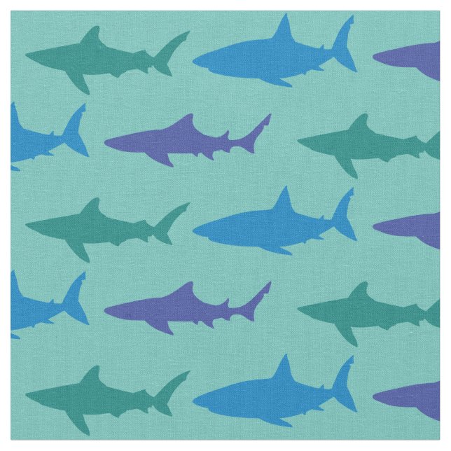 Sharks Cute Silhouette Blue Teal Fabric (Close Up)