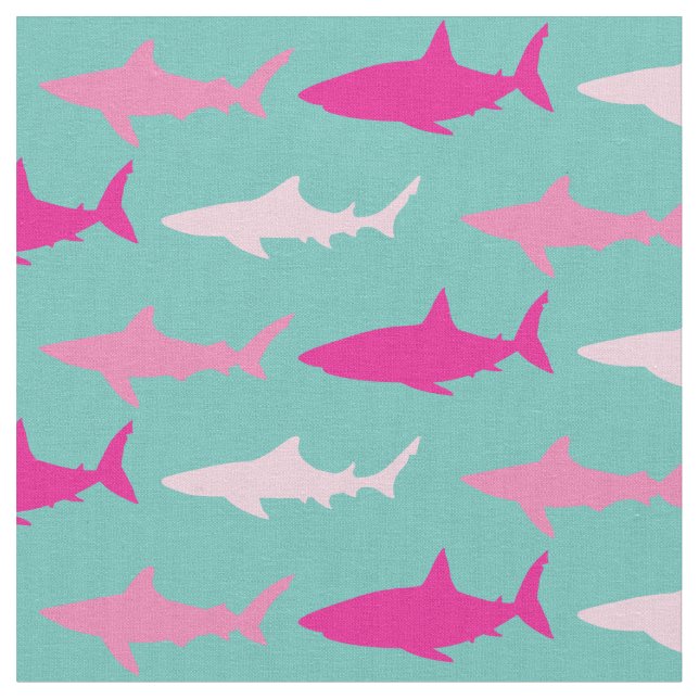 Sharks Cute Silhouette Pink Teal Fabric (Close Up)