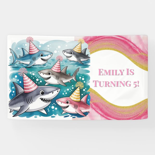 Sharks Cute Under The Sea Girl Birthday Party Banner (Horizontal)