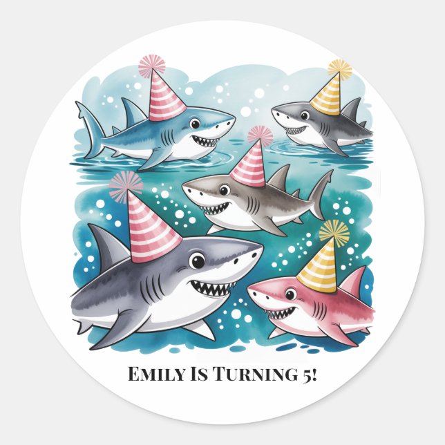 Sharks Cute Under The Sea Girl Birthday Party Classic Round Sticker (Front)