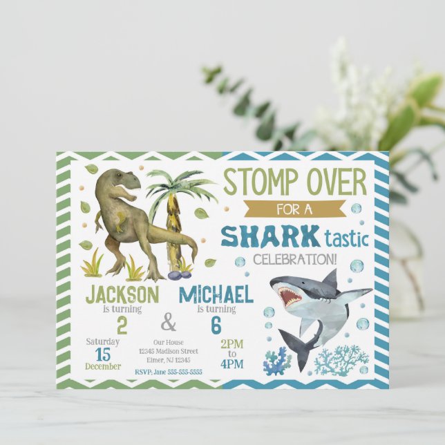 Sharks & Dinosaurs Joint Birthday Invitation (Standing Front)