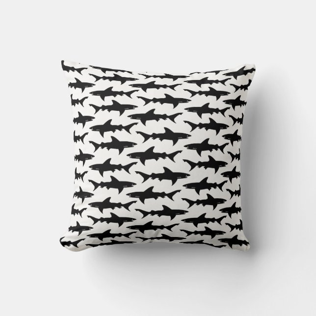 Sharks - Elegant Black and White Shark Pattern Cushion (Front)