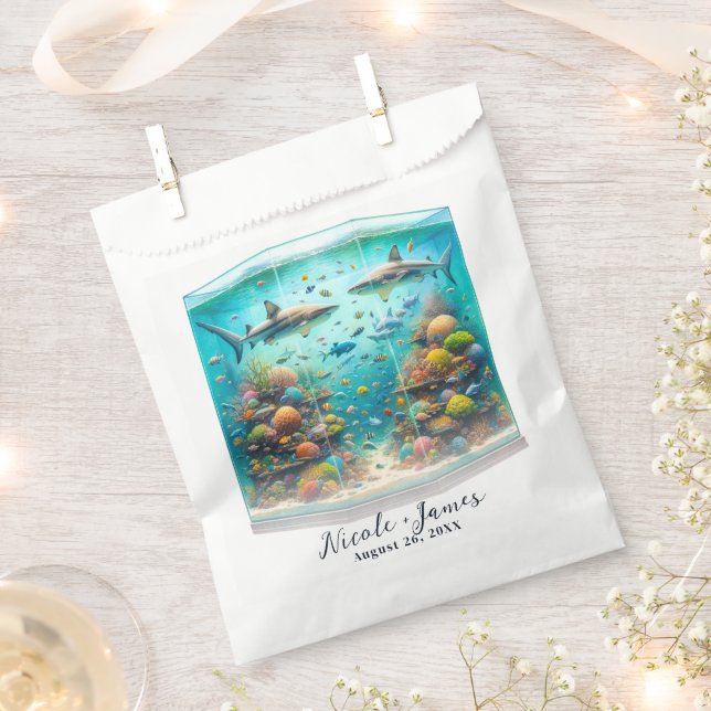 Sharks & Fish Aquatic Watercolor Aquarium Wedding Favour Bag (Clipped)