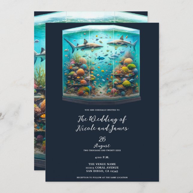Sharks & Fish Aquatic Watercolor Aquarium Wedding Invitation (Front/Back)