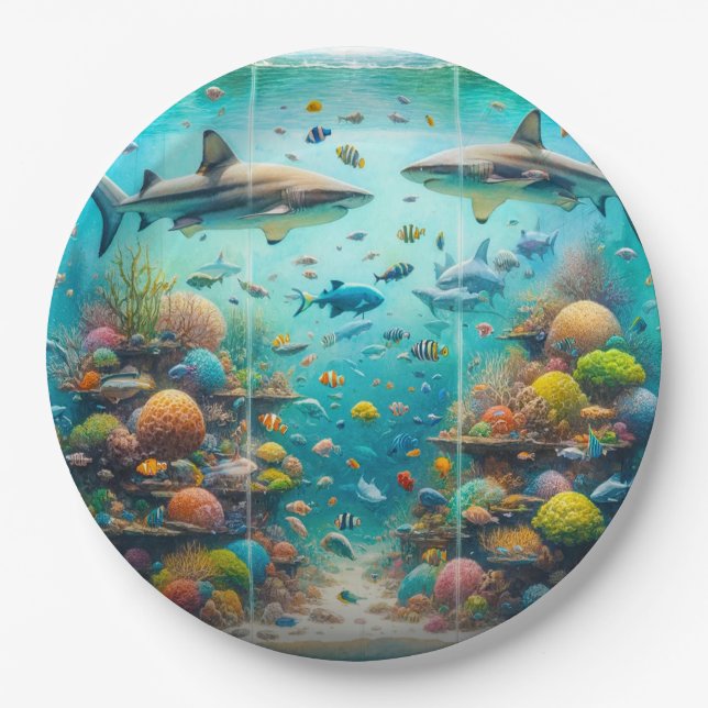 Sharks & Fish Aquatic Watercolor Aquarium Wedding Paper Plate (Front)