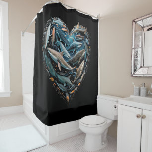 Sharks Ocean Beach Lovers Love Heart Shower Curtain