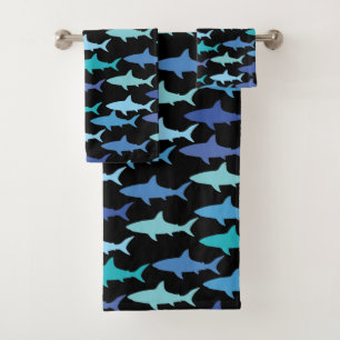 Sharks Silhouettes Shades of Blue-Black Background Bath Towel Set