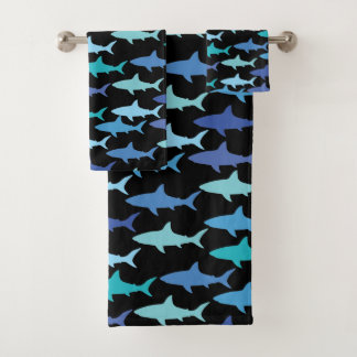 Sharks Silhouettes Shades of Blue-Black Background Bath Towel Set