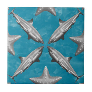 Sharks Starfish Ocean Life Nautical Coastal Blue Ceramic Tile