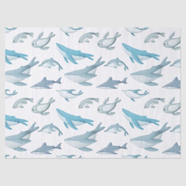 Sharks, Whales, Dolphins, Seals on White Decoupage Tissue Paper (Front)