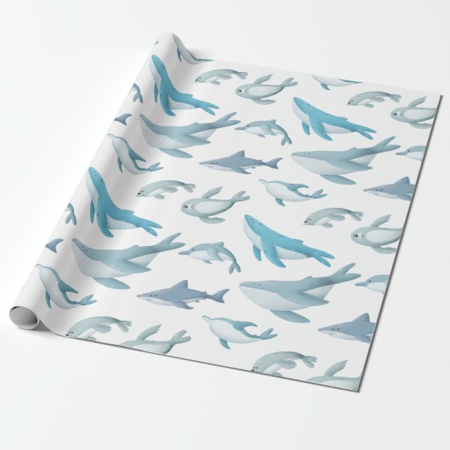 Sharks, Whales, Dolphins, Seals on White Wrapping Paper (Unrolled)