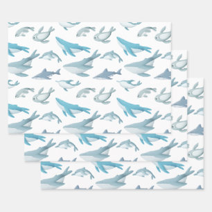Sharks, Whales, Dolphins, Seals on White Wrapping Paper Sheet