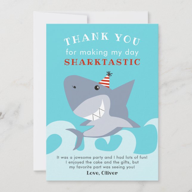 Sharktastic Shark Fish Birthday Party Thank You Card (Front)